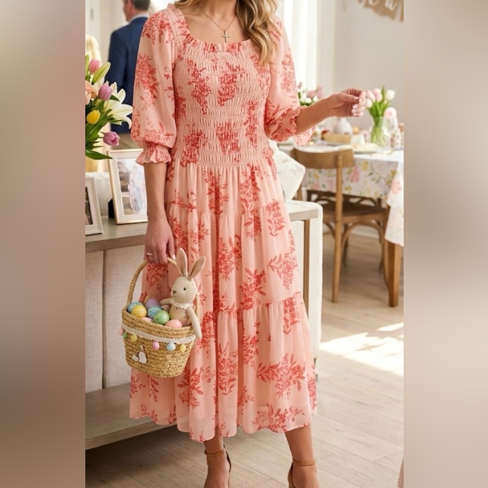 Women’s Pink Floral Midi Dress - Smocked Bodice